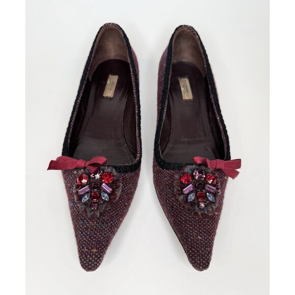Vintage Prada 36.5 Burgundy Tweed Leather Kitten Heels - Picture 2 of 10